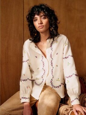 Sézane “Elvio” Woven Floral Embroidered Button-Up Top in Cream